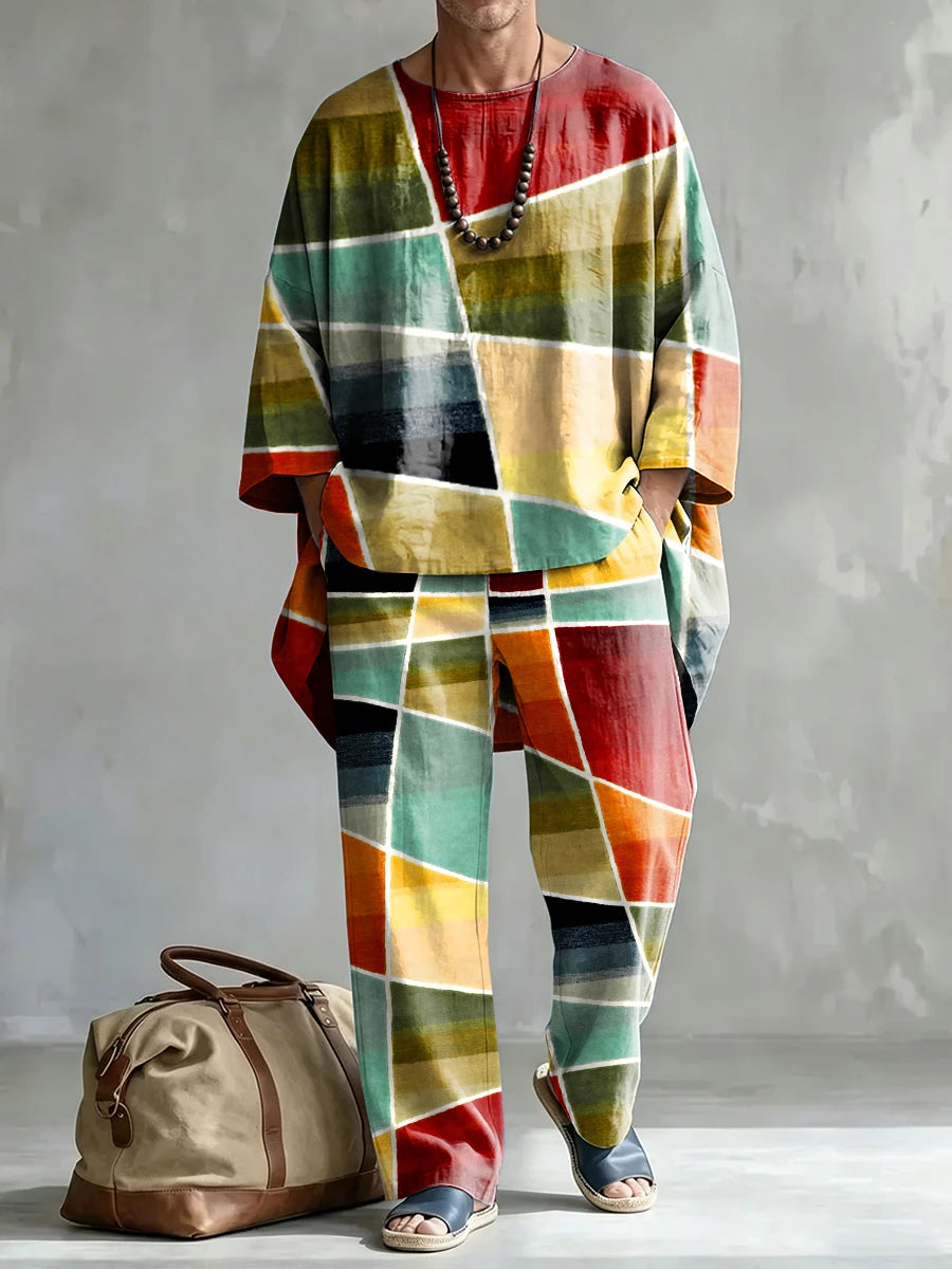 Men's Fashionable Abstract Geometric Print Casual Comfort Crew Neck Top And Pants Two-piece Set